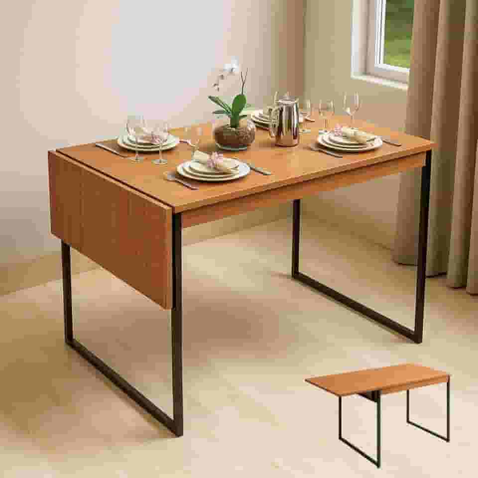 Mesa de Jantar Industrial Extensível Dobrável 100% MDF e Aço 130x60cm Ideal para Apartamento e Cozinha Moderna - Cor Freijó - Exclusividade