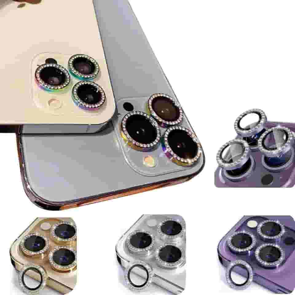 Kit Película Lentes De Câmera iPhone C/Strass kit Protetor Câmera Iphone Modelos Cores11 12 13 14 15, Mini, Plus, Pro, Pro Max (Azul, Iphone 15 e 15 Plus)