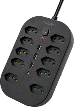 Extensao Eletrica, Extensão Tomada, Régua Tomada, Régua de Energia, 10 Tomadas, 3 Interfaces USB, 1 Porta USB Tipo-C, Cabo de Alimentação de 1,9 metros, Suporte a Tensão de 110-220V, Preto