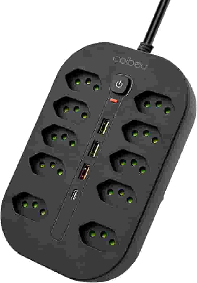 Extensao Eletrica, Extensão Tomada, Régua Tomada, Régua de Energia, 10 Tomadas, 3 Interfaces USB, 1 Porta USB Tipo-C, Cabo de Alimentação de 1,9 metros, Suporte a Tensão de 110-220V, Preto