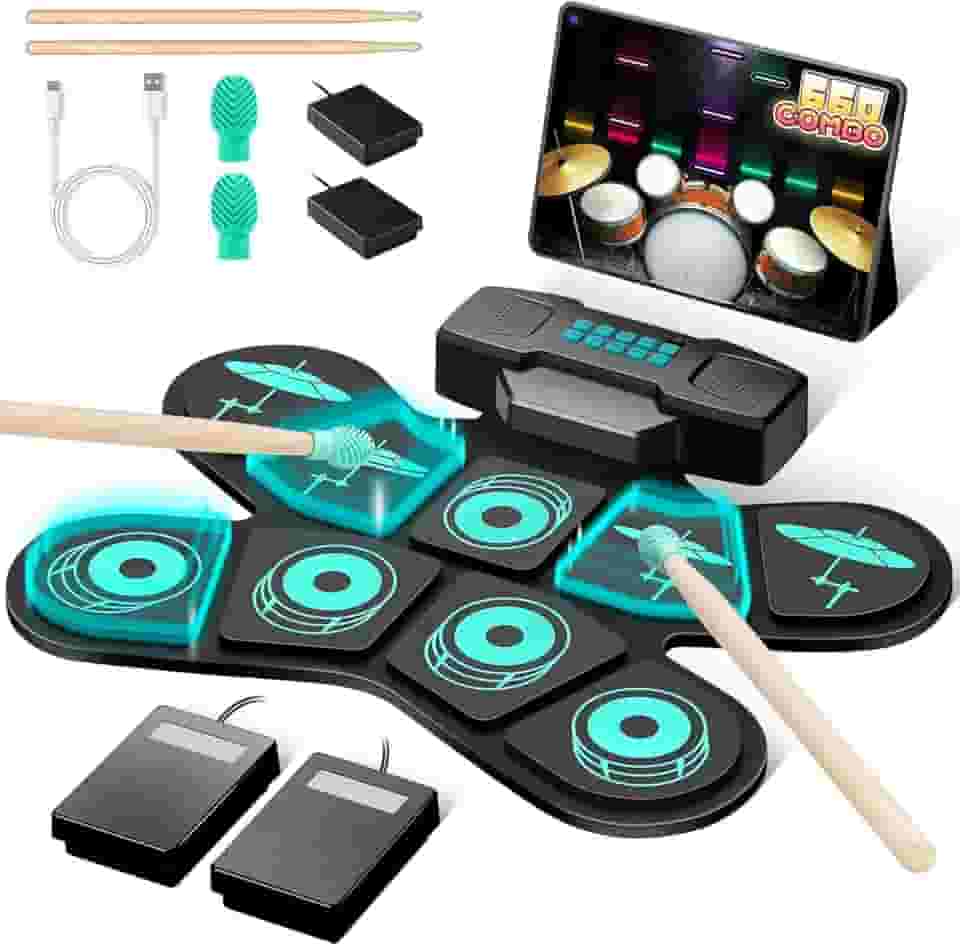ANVAR Kit de bateria eletrônica portátil VD-SJG,Eletrônica Portátil com 9 Pads Sensíveis, Alto-falantes Duplos, Conexão MIDI e 4h de Bateria - Ideal para Iniciantes, Prática em Casa e Presente Musical