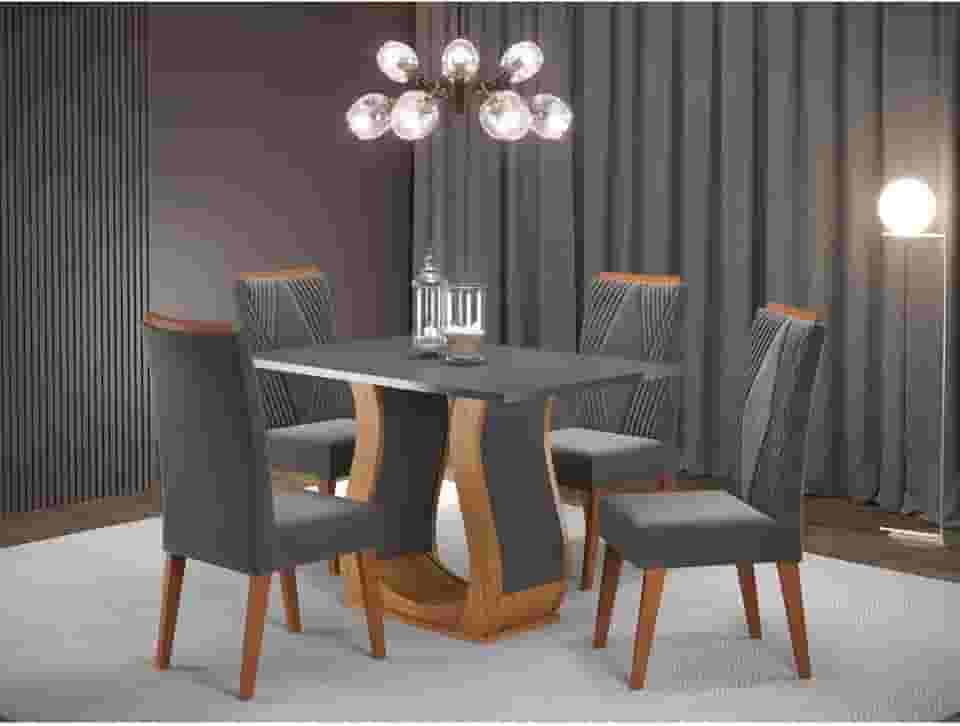 Mesa de Jantar Retangular Nubia com 4 Cadeiras Madeira Maciça Vegas Mel/Cinza/Grafite