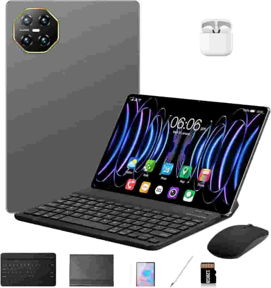 DIVENT-Tablet 3 em 1 com estojo/teclado/mouse/fone de ouvido, 10,1 polegadas, Android 14, 16GB de RAM + 512GB de ROM, câmera de 16MP + 32MP, GPS, Bluetooth, bateria de 8800mAh, Dual-SIM (cinzento)