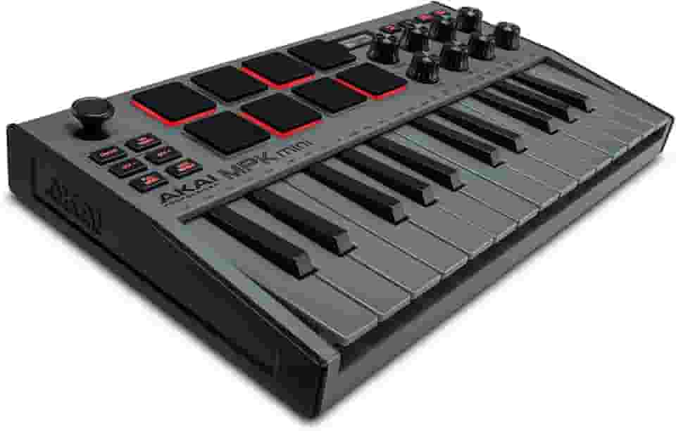 Akai Professional MPK Mini MK3 - Controlador de Teclado MIDI USB com 25 Teclas, 8 Pads de Bateria Iluminados, 8 Knobs, Software de Produção Musical e Pacote de Sons da Native Instruments, Cinzento