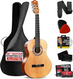 Pyle Kit de guitarra acústica para iniciantes, 3/4 júnior instrumento de madeira para crianças, adultos, cinza natural de 91 cm