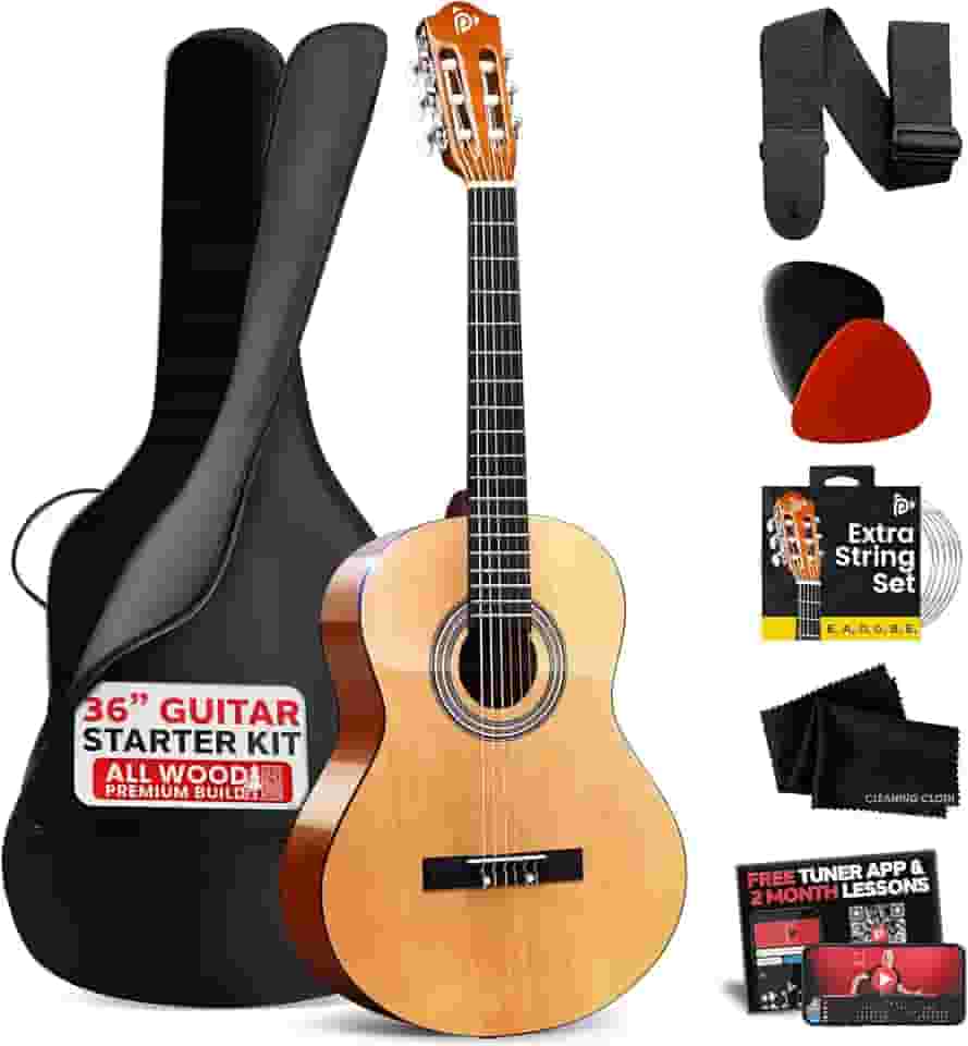 Pyle Kit de guitarra acústica para iniciantes, 3/4 júnior instrumento de madeira para crianças, adultos, cinza natural de 91 cm
