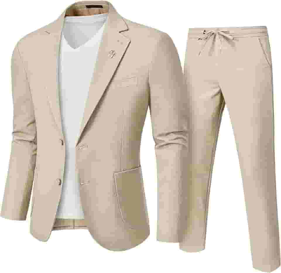 Terno masculino de linho, 2 peças, ajuste regular, jaqueta leve com dois botões e calça para casamento na praia, formatura de verão