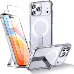 Capa para iPhone 17 Pro Capinha - Compatível com MagSafe, com protetor de ecrã temperado de 2 peças, estojo ultrafino resistente a choques e quedas com suporte ajustável - Transparente