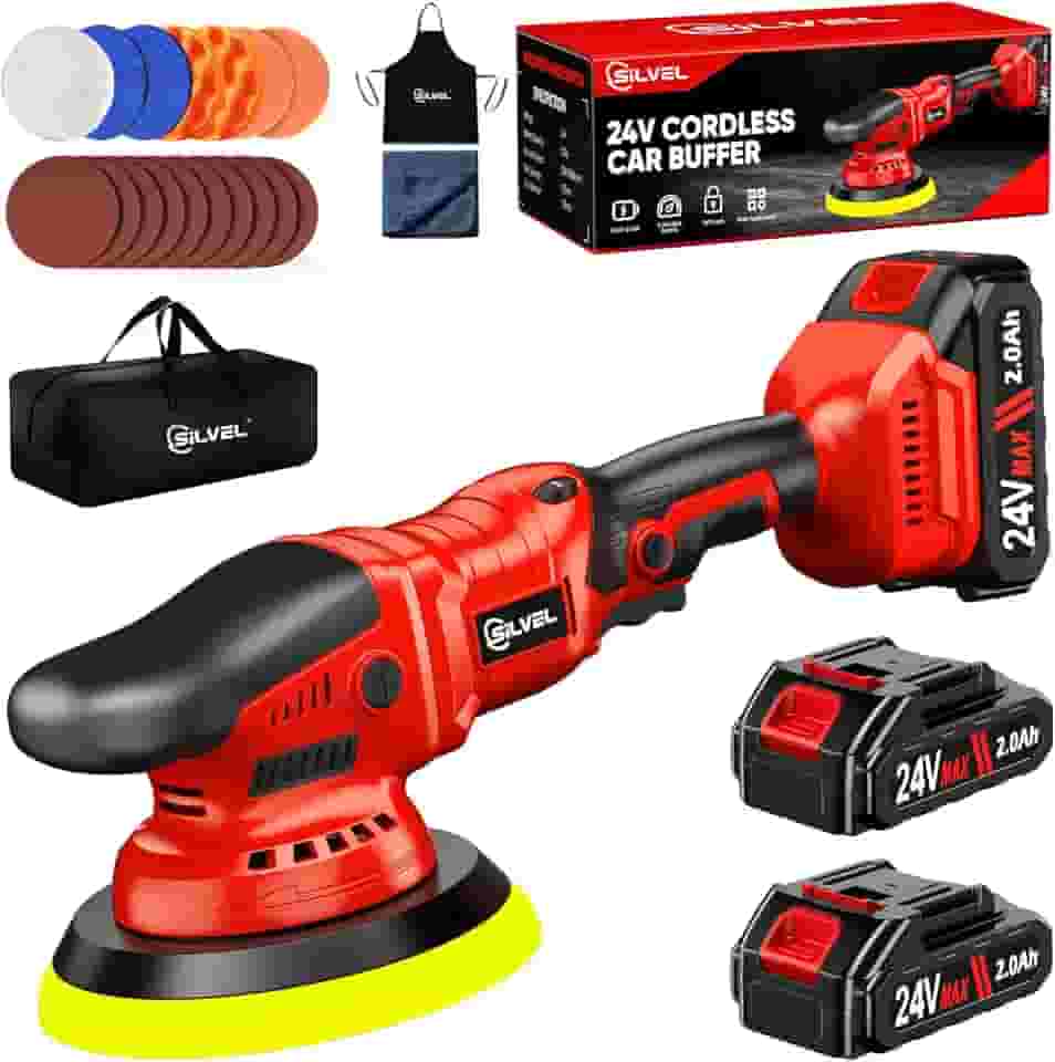 SILVEL Polidor de buffer de carro sem fio, kit de polimento de carro com baterias de 24 V 2 x 2,0 Ah, kit de encerador de buffer de carro de 12 cm, máquina de polimento de carro, 6 velocidades