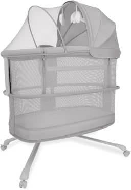 Mastela Berço Móvel Com Balanço Automático, 3 Alturas, Cinza Escuro, Controle por App, Base com Rodas - Até 18 kg