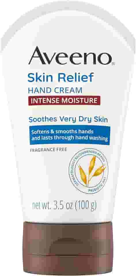 Aveeno Creme para As Mãos Skin Relief Intense Moisture com Aveia Prebiótica Calmante para Pele Seca, Creme para Pele Sensível Que Amacia E Suaviza As Mãos E Dura Durante A Lavagem Das Mãos, Sem Fragrâ
