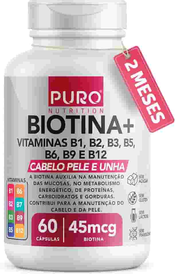 Biotina + Puro Nutrition Pele, Cabelo e Unhas, 45 mcg de Biotina por dose, Vitaminas B1, B2, B3, B5, B6, B9 e B12, 60 Cápsulas