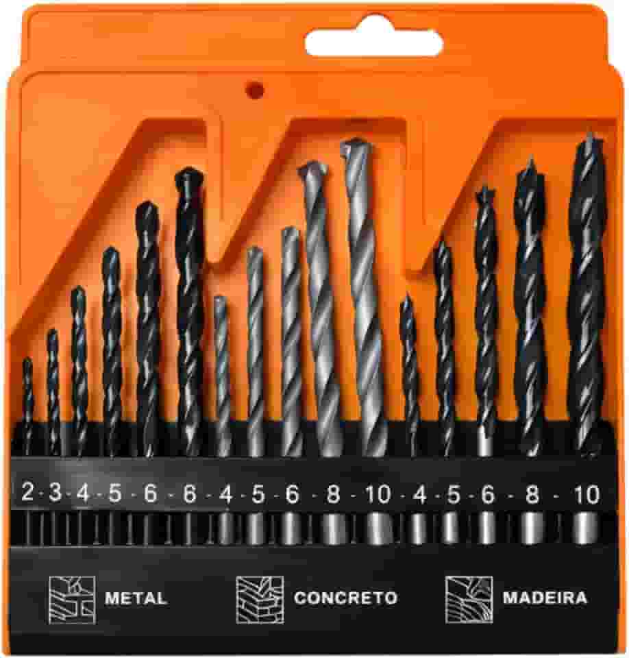 Jogo Broca 16 Peças Estojo Madeira Metal Ferro Concreto