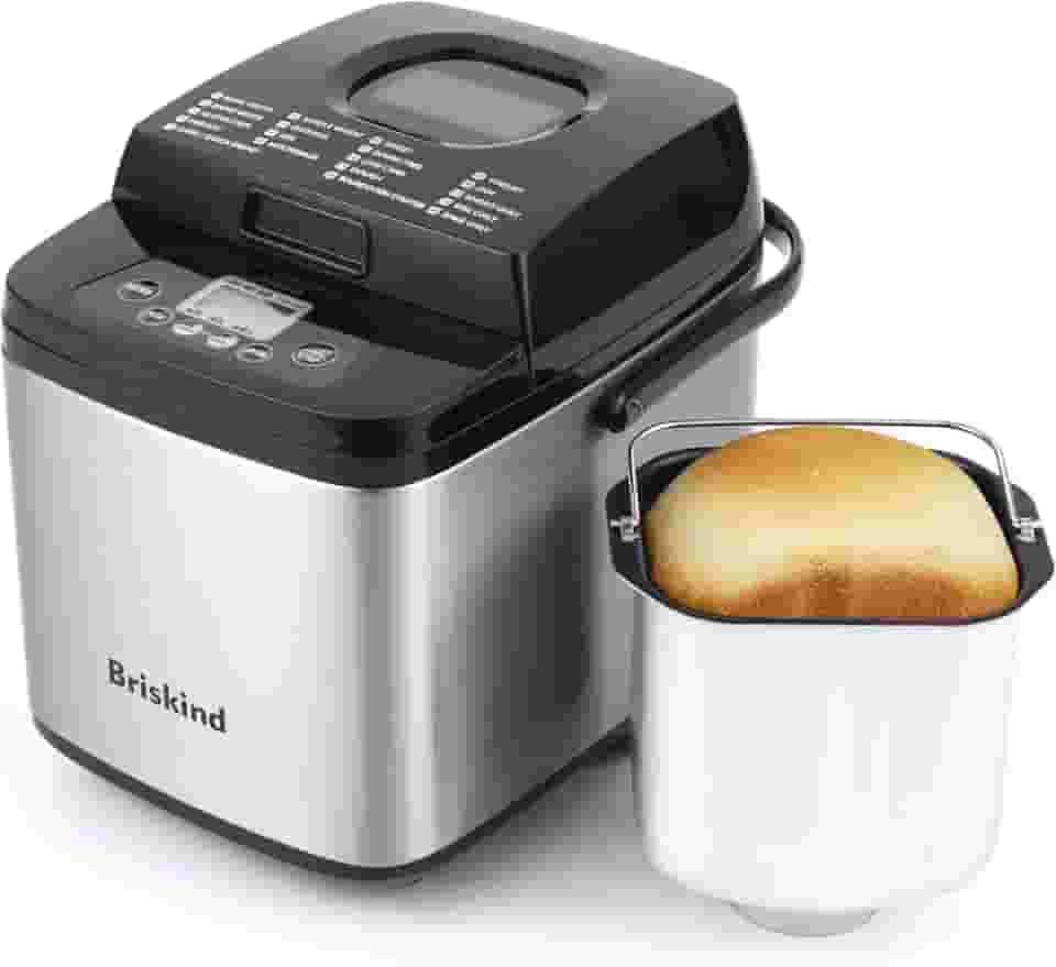 Briskind Máquina de fazer pão compacta 19 em 1, 700 g / 450 g pequena máquina de pão com alça de transporte, incluindo sem glúten, massa, geleia, menus de iogurte, assar uniformemente, manter aquecido automático, 3 cores de crosta