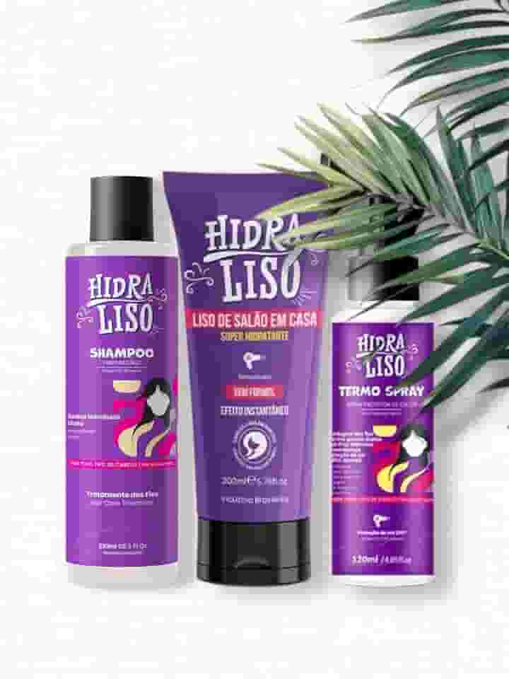 O KIT COMPLETO: HidraLiso + Shampoo + Termo Spray - Liso de Salao em Casa, Alisante Para Cabelo Organico, Progressiva de Chuveiro Sem Formol