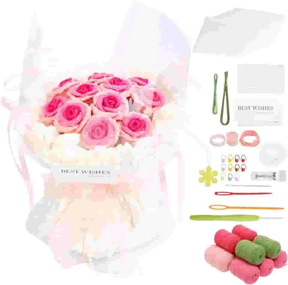 Kit de crochê para buquê de flores de rosa, kit de crochê para iniciantes, kit inicial de tricô de tulipa rosa simulação, buquê de malha artesanal, flores de cor brilhante, kits de artesanato DIY para