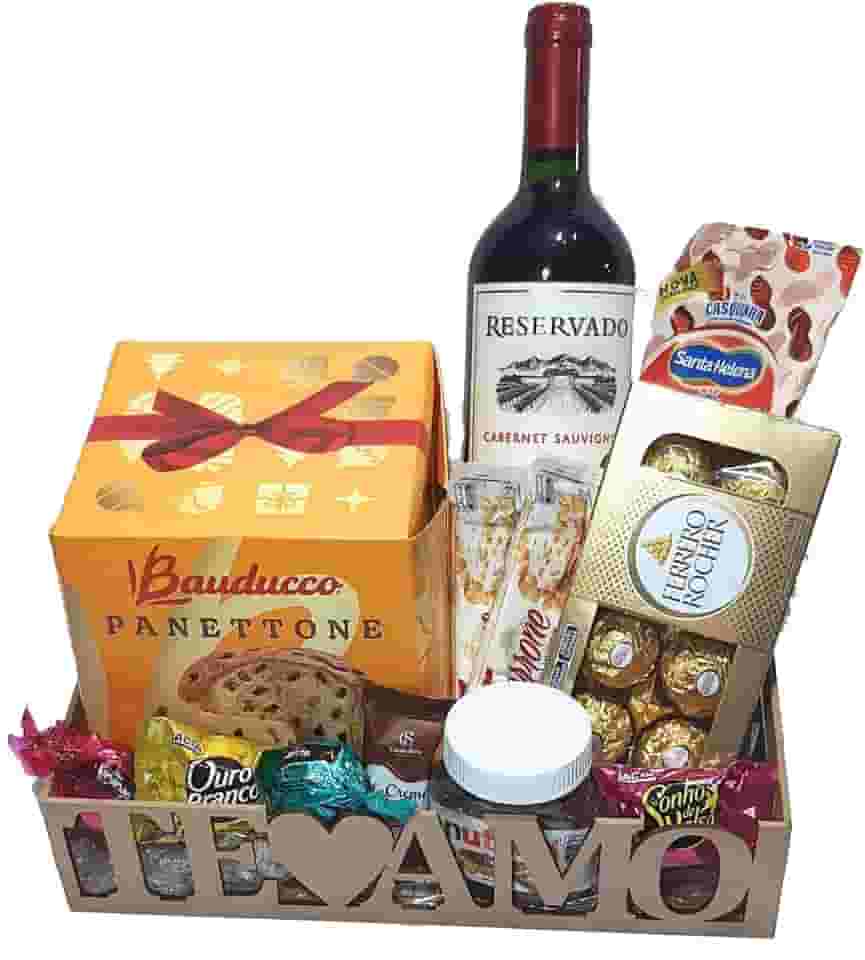 Cesta De Presente Natal Te Amo Chocolates, Panetone, Vinho