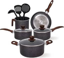 Jogo de Panelas Cerâmica Antiaderente Indução 8 Peças, Conjunto Resistente, Fácil de Limpar, Preto