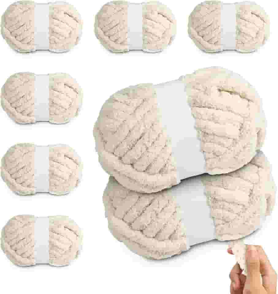 Fio de chenille jumbo grosso para crochê de tricô à mão – 8 novelos × 227 g (25 metros cada) fio volumoso super macio grosso para cobertores, cachecóis, almofadas e artesanato DIY (bege)