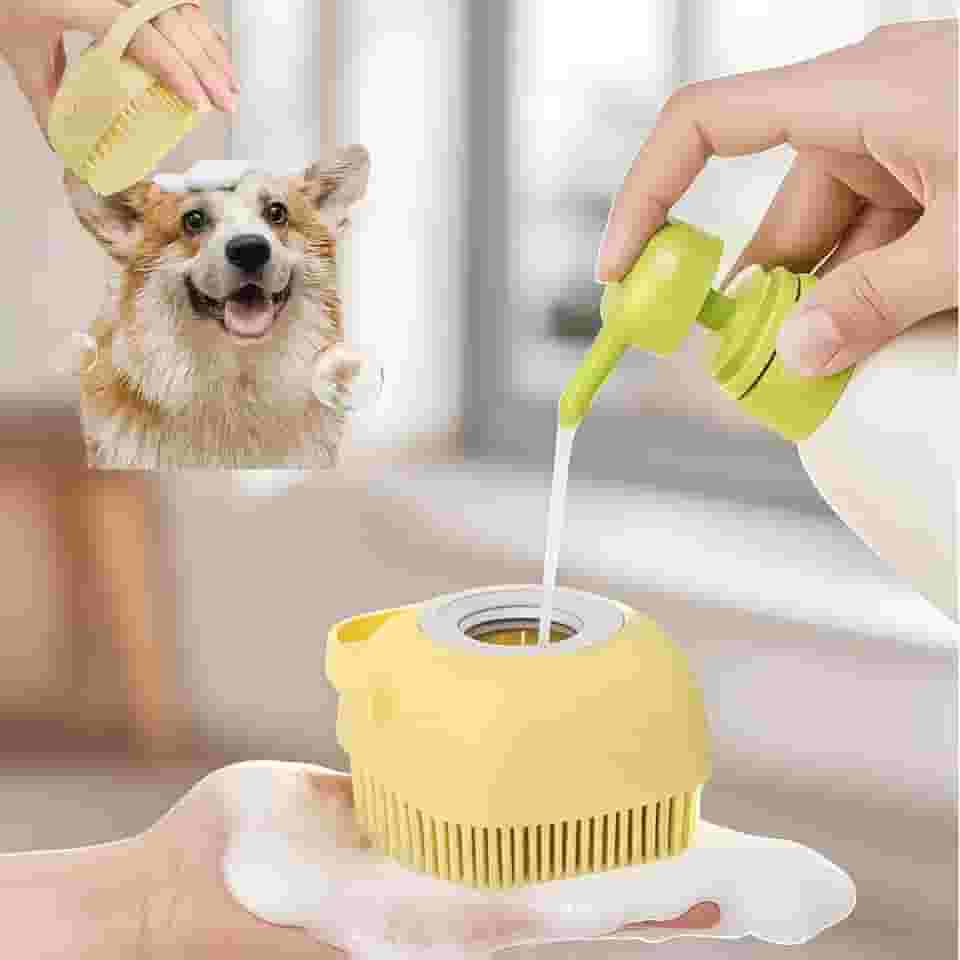 Escova de silicone macio para animais de estimação, massagem revigorante e fácil limpeza para cães e gatos, dispensador de gel de banho embutido para sessões de cuidados pessoais