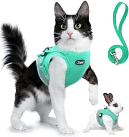 Supet Conjunto de arnês e coleira para gatos – colete ajustável de malha macia para gatos com alça refletiva para andar com gatos e filhotes de coelho
