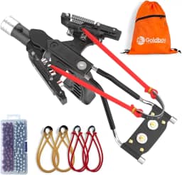 Goldboy Estilingue profissional com mira vermelha, estilingue de foguete de pulso com lanterna, estilingue de caça e tiro com 4 elásticos de borracha de substituição e 220 munição para adultos