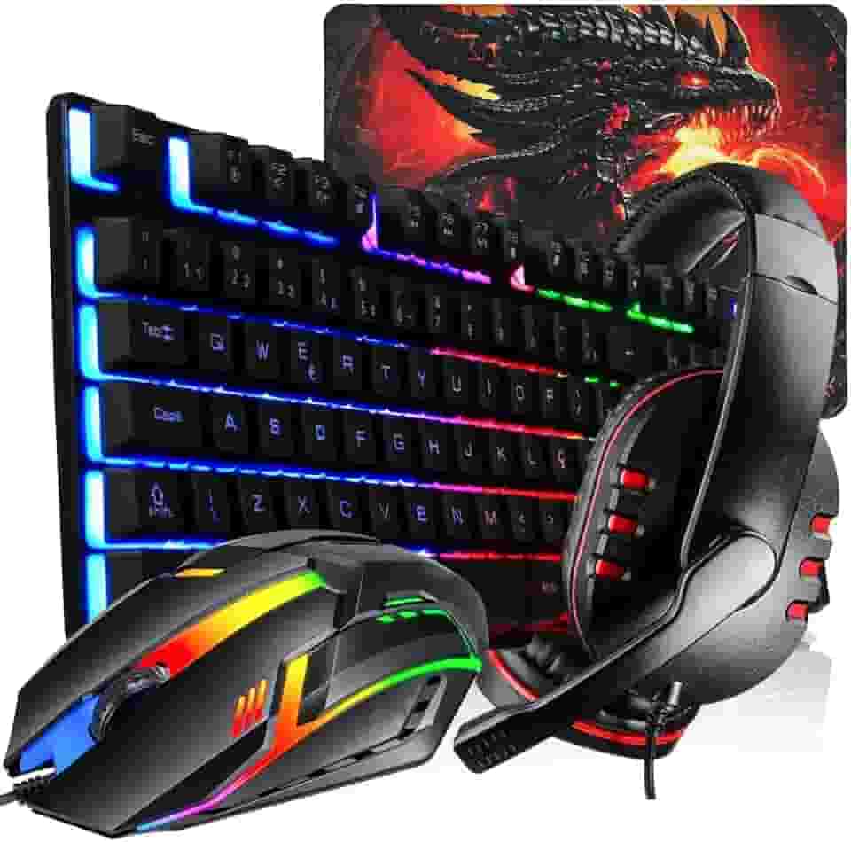 Combo Gamer Teclado Semi Mecânico Rgb, Mouse Led em 7 Cores 1600 Dpi, Headset com Microfone e Mouse Pad Completo