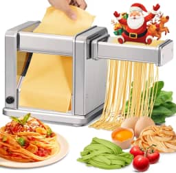 Máquina elétrica de macarrão de aço inoxidável com rolo e cortador ajustável de 7 espessuras e 2 larguras para espaguete, fettuccini, lasanha, massa de torta, bolinho de massa, wonton