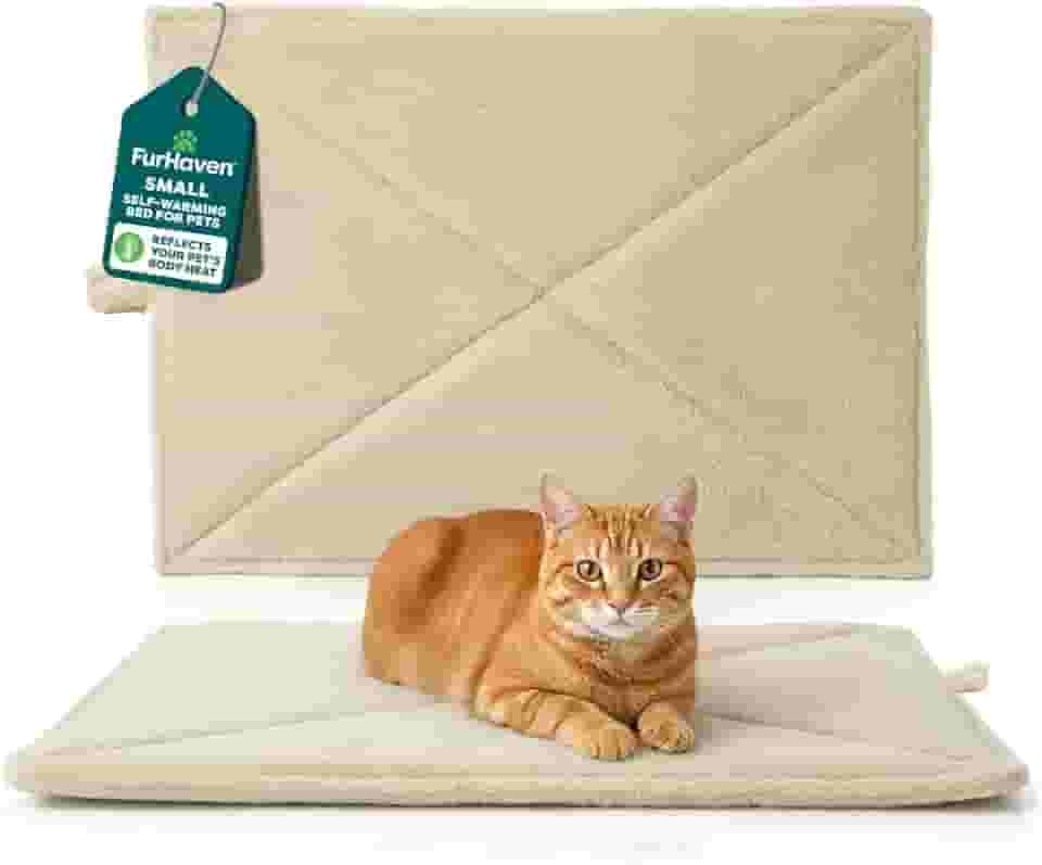 Furhaven Cama de gato ThermaNAP com aquecimento automático para gatos e cães pequenos, lavável e reflete o calor do corpo - tapete de cama refletivo acolchoado de pele sintética - creme, pequeno