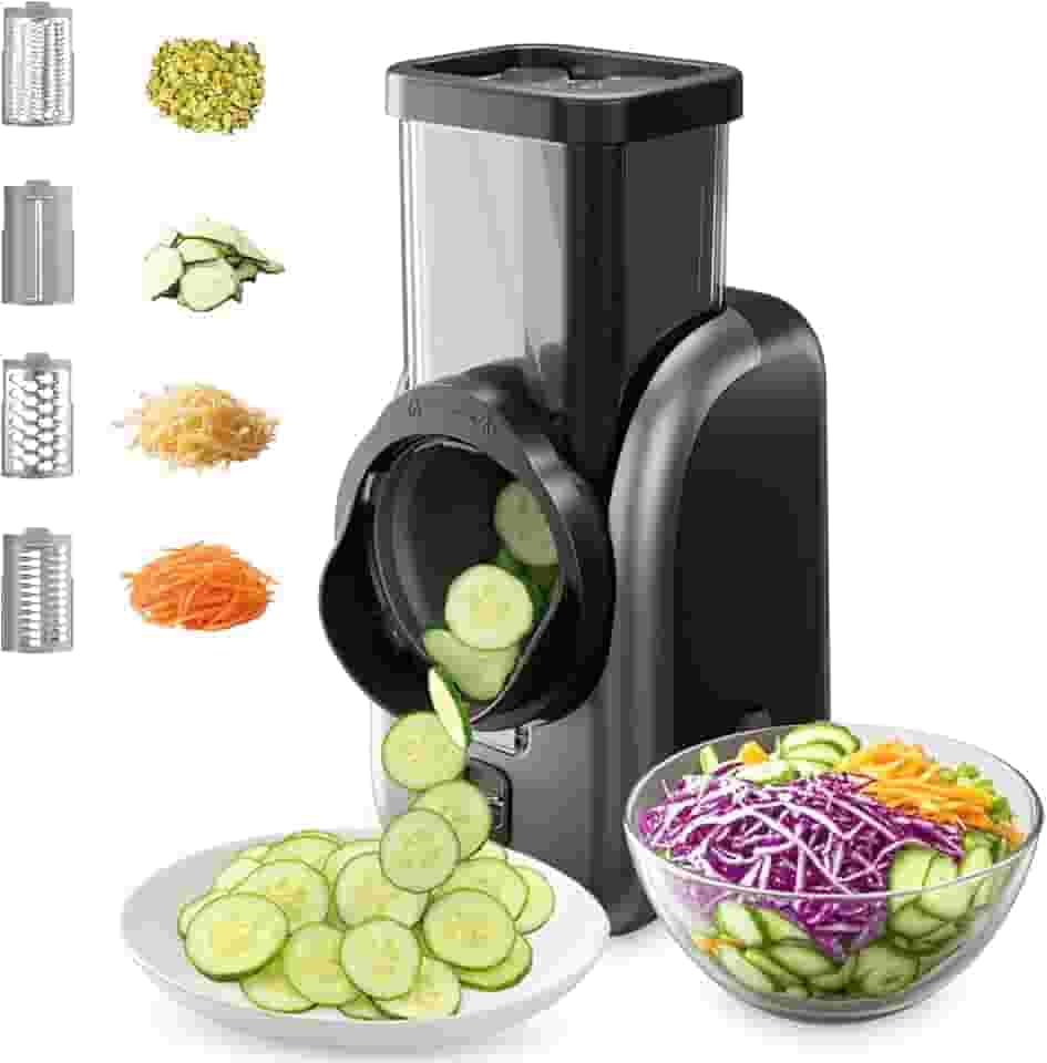 Cortador elétrico de legumes e ralador de queijo, cortador rotativo multifuncional com 4 lâminas de aço inoxidável para batatas, cenouras, pepinos, salada de frutas, etc.