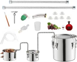 Destilador de álcool, 3/5/10/13,2 galões/12/20/30/50 litros, kit de destilação para álcool com tubo de cobre, termômetro embutido e bomba d'água para vinho, uísque e conhaque