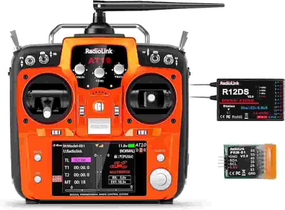Radiolink Kit transmissor RC de 12 canais AT10II e receptor R12DS com PRM-01, telemetria de tensão, rádio 2,4 GHz 4 KM controle remoto receptor kit para avião RC, drone de corrida, helicóptero, carro