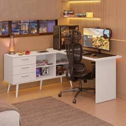 Escrivaninha Em L Mesa Para Computador Gamer 3 Gavetas Branco Lisboa Madesa