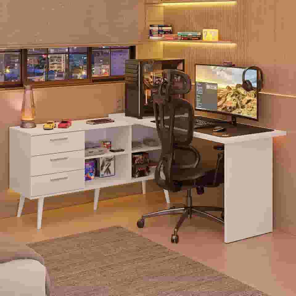 Escrivaninha Em L Mesa Para Computador Gamer 3 Gavetas Branco Lisboa Madesa