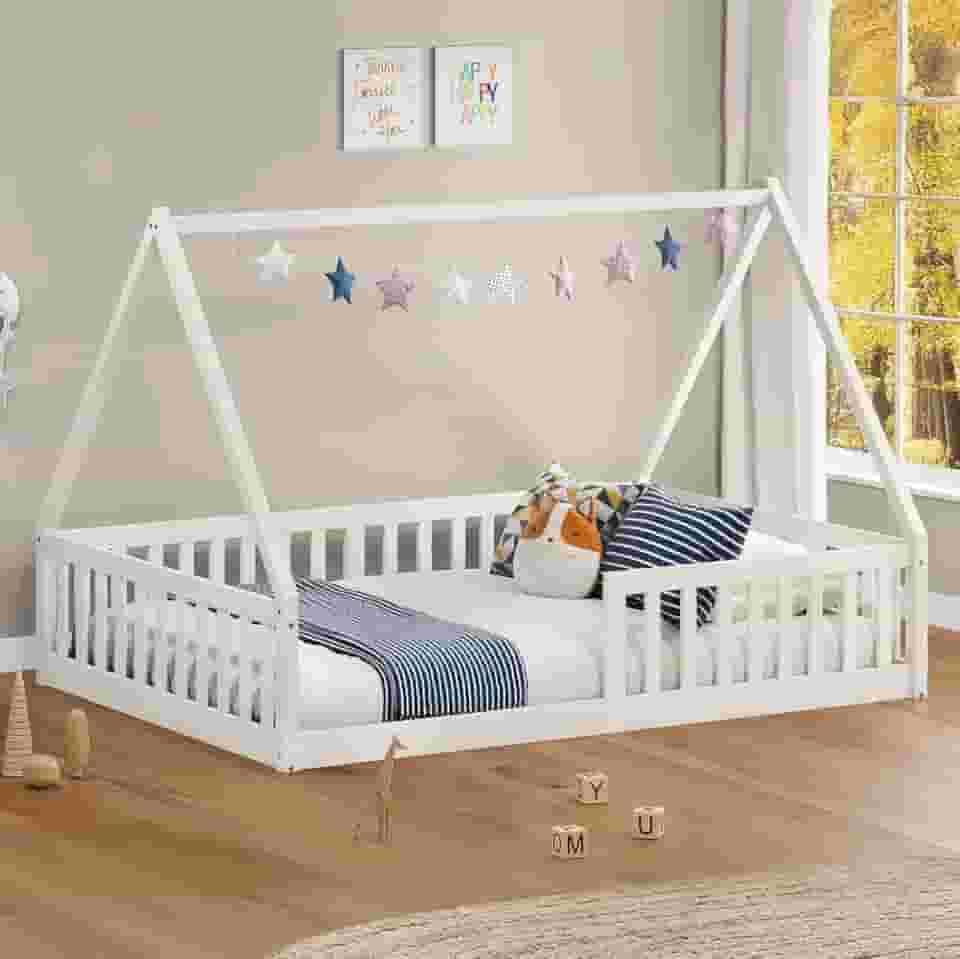IDIMEX Cama Viúva Infantil Montessori Branco Madeira Casa com Estrado Stella