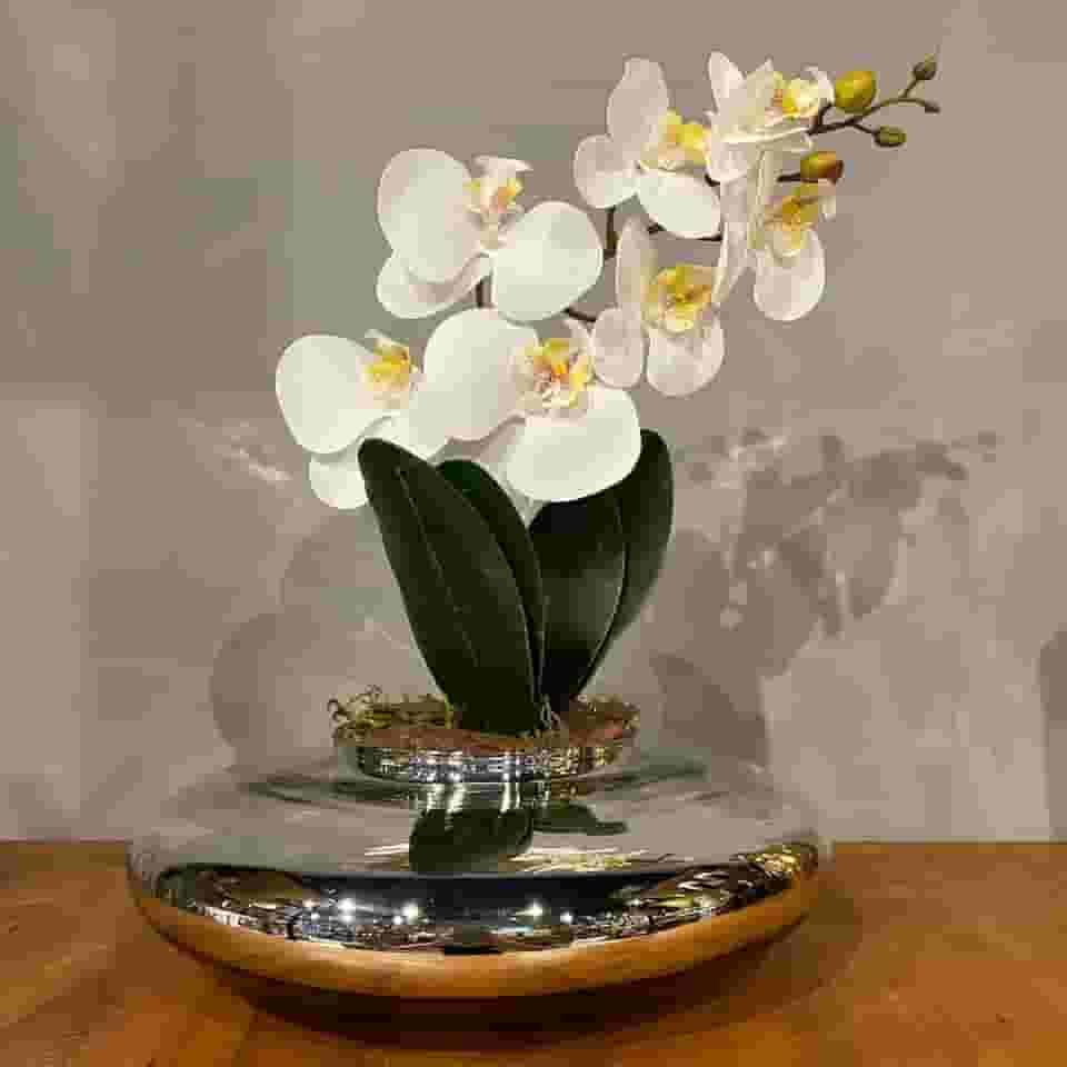 Arranjo Centro de Mesa Orquídea Branca Artificial Vaso Espelhado