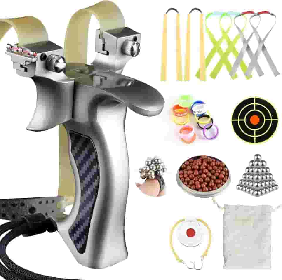 Catch&Hunt Estilingue profissional de metal para caça e tiro ao ar livre para adultos, munição de argila e metal, elásticos espessos, alvo