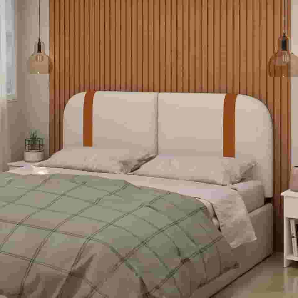 Cebeceira Orgânica SLIM Para Cama Box QUEEN Estofada em Linho Bege Com Detalhe em Couro Ecológico 160cmx55cm