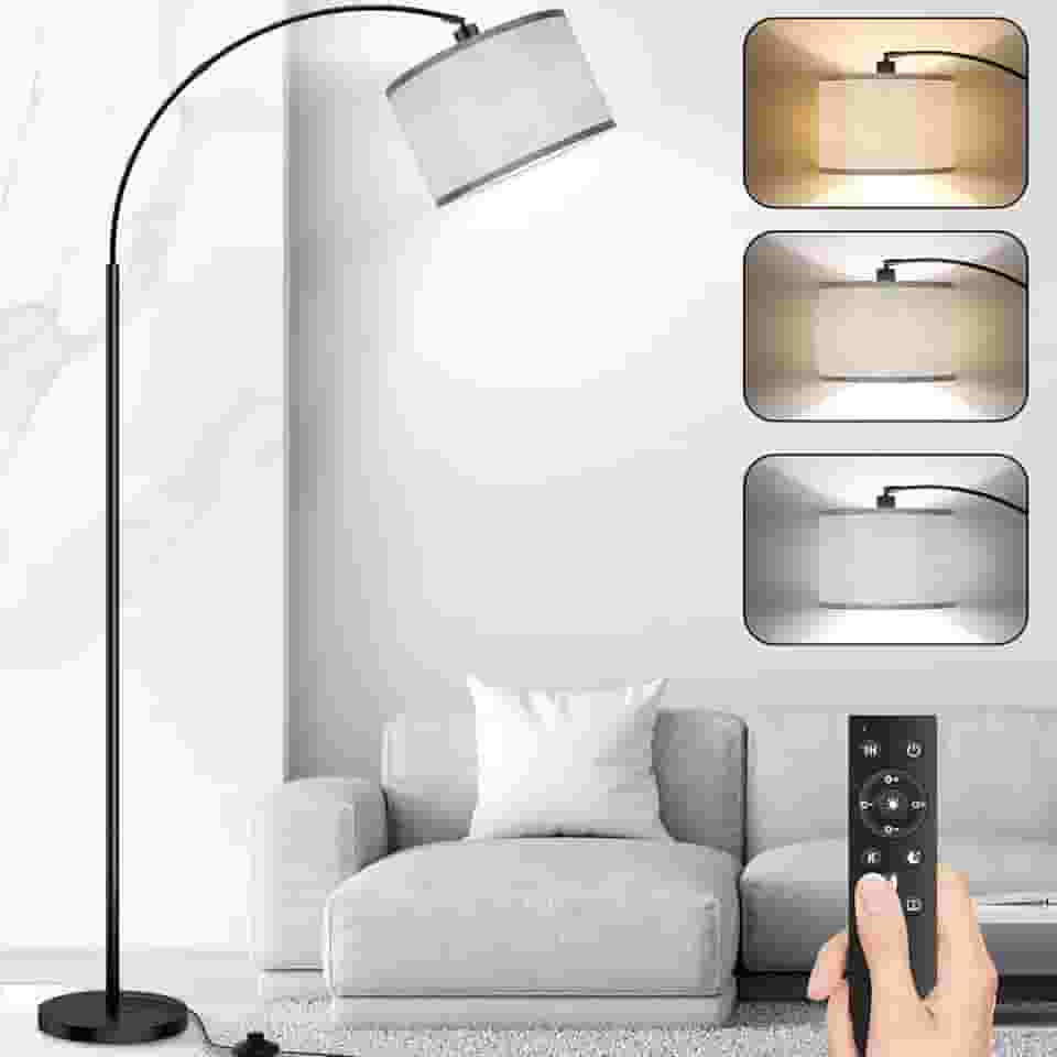Lâmpadas de Piso em Arco para Sala de Estar, Lâmpada de Pé Moderna com Controle Remoto e Dimerização Contínua, Lâmpada Alta Preta com Abajur de Tambor Gary, Luz de Leitura Arqueada Sobre O Sofá