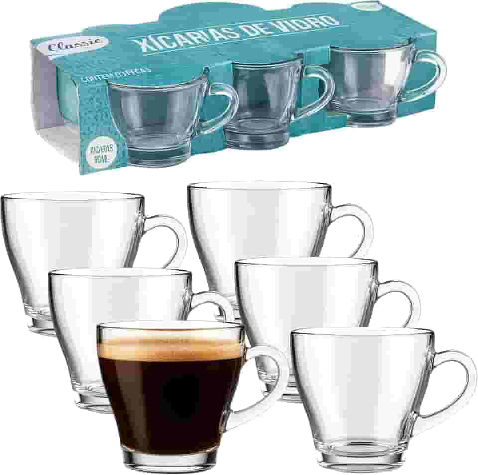 Conjunto 6 Xícaras de Vidro Classic 90ml – Vidro Transparente Resistente, Design Elegante para Café, Chá e Espresso, Ideal para Café da Manhã, Mesa Posta, Cozinha Moderna e Uso Diário Premium