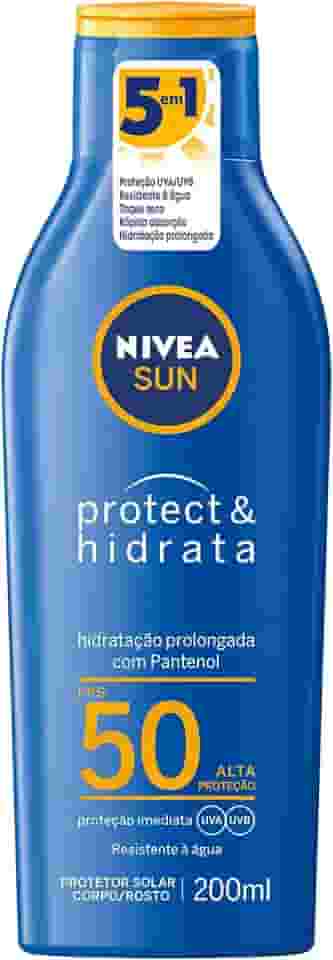 NIVEA SUN Protetor Solar Protect & Hidrata FPS 50 200ml - Com toque seco, rápida absorção e resistente à água, esse protetor solar oferece altíssima proteção ao sol e promove hidratação à pele