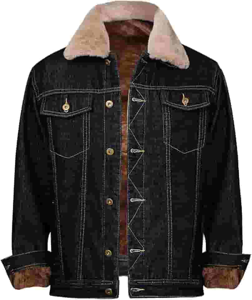 Jaqueta jeans masculina regular e de lã, botões rasgados com gola de pele removível