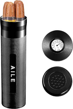 AILE Umidor de aço inoxidável para charutos, caixa de charuto, prata para viagem, tubo para 3 a 4 charutos, caixa de charutos portátil, higrômetro de charuto, ótimo presente para o amante (preto)
