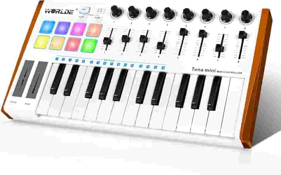 Vangoa Controlador De Teclado Midi Com 25 Teclas, Máquina Criação Batidas Portátil Tuna Mini Usb, Pads Bateria Para Iniciantes, 8 Botões, Faders, Interface Pedal, Branco