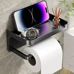 Porta Papel Higiênico com Suporte para Celular e Objetos, Instalação Sem Furos, Adesivo Forte, Design Moderno e Prático para Banheiro – Preto