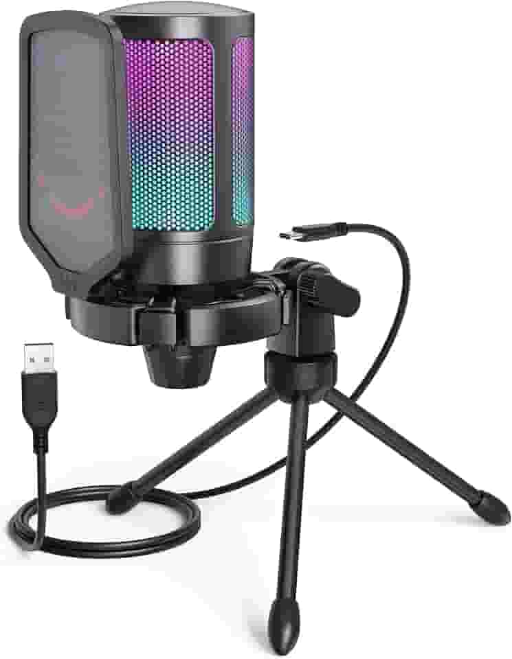 FIFINE Microfone USB Para Jogos Para PS5 PC, Microfone Condensador Com Mudo Rápido, Indicador RGB, Suporte De Tripé, Pop Filter, Suporte De Choque, Controle De Ganho Para Twitch Podcasts -A6V