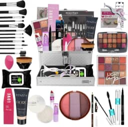 Kit Maleta de Maquiagem Completa Qualidade Premium, 12 Pinceis Profissional Macria + kit de Maquiagem + Kit de Acessorios - COR DA BASE MÉDIA