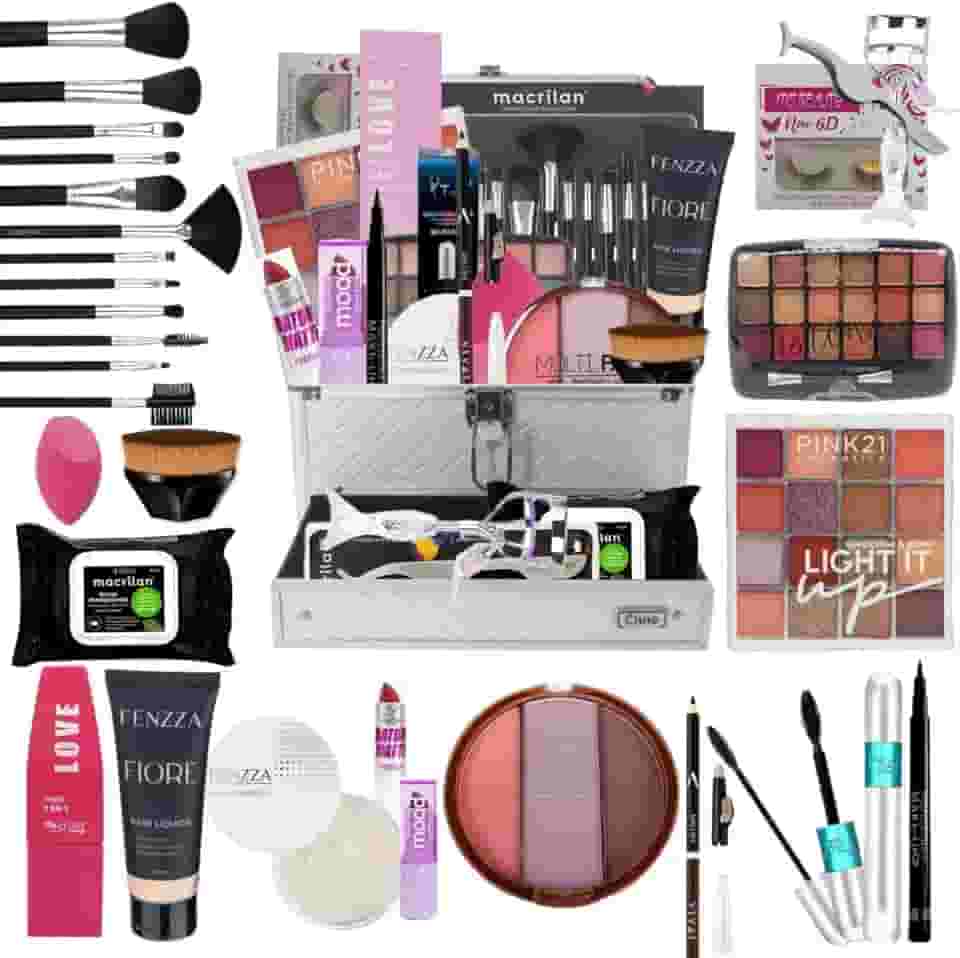 Kit Maleta de Maquiagem Completa Qualidade Premium, 12 Pinceis Profissional Macria + kit de Maquiagem + Kit de Acessorios - COR DA BASE MÉDIA