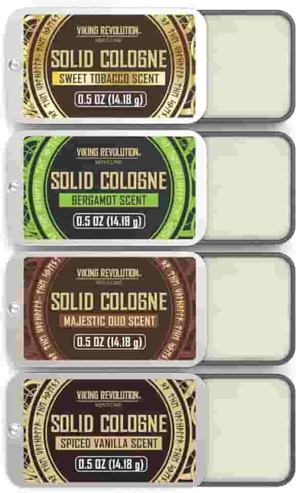 Viking Revolution Pacote com 4 Colônias masculinas – Perfume sólido de 14,2 g com baunilha temperada, tabaco doce, Oud majestoso, bergamota – Bálsamo de cera de viagem Colônia