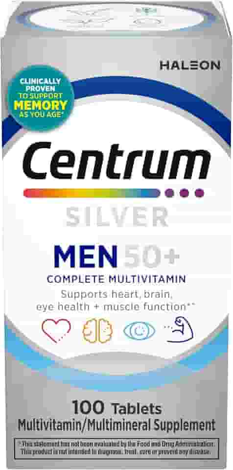 Centrum Multivitamínico prata para homens 50 Plus, suplemento multimineral, vitamina D3, vitaminas B e zinco, sem glúten, ingredientes não OGM, auxilia na memória e cognição em adultos mais velhos -
